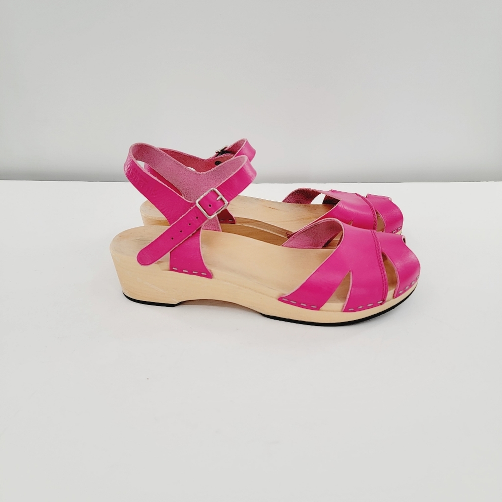 Swedish Hasbeens Suzanne Hot Pink Peep Toe Sandal Clogs - Picture 13 of 16